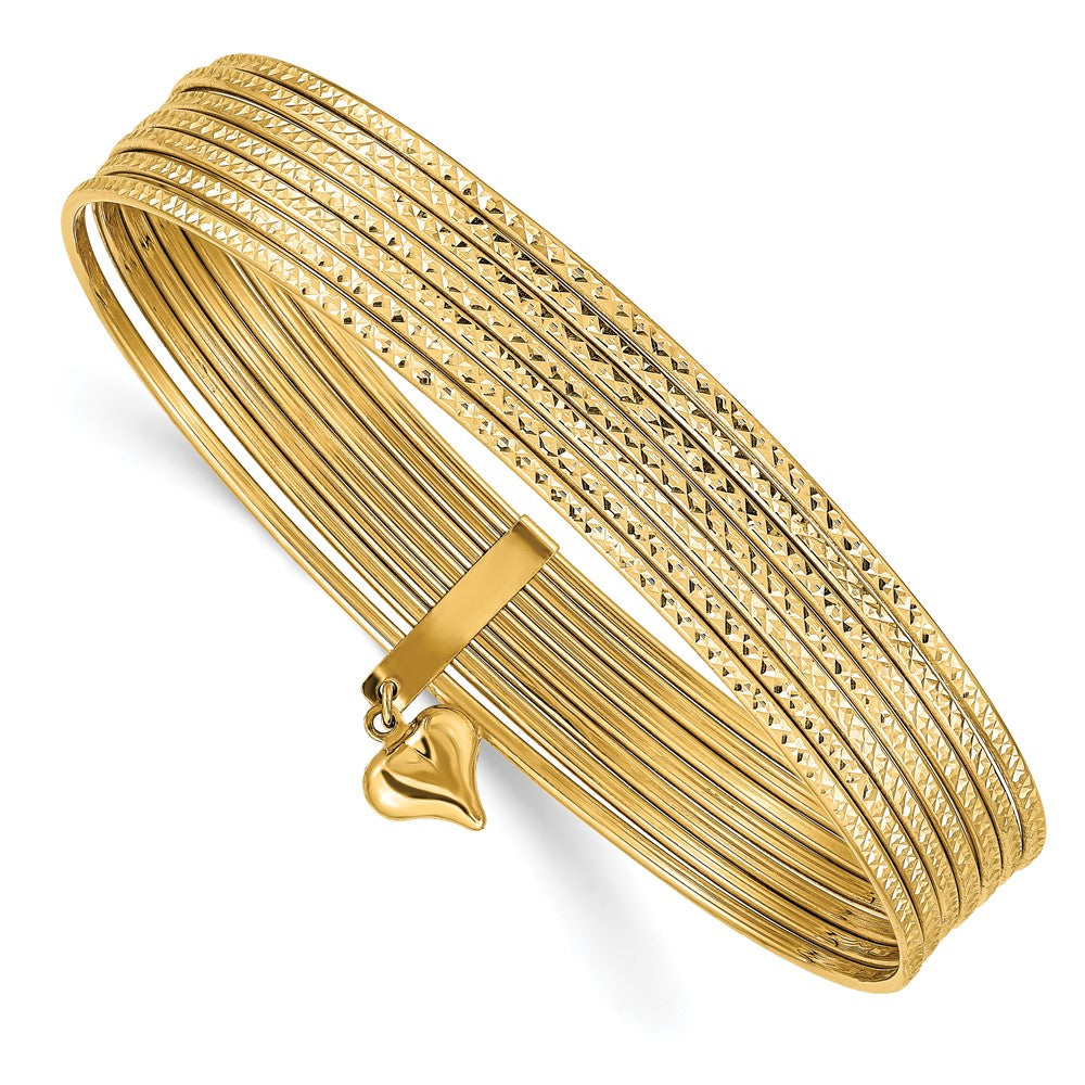 Set de 7 Pulseras Bangle Texturizadas en Oro Amarillo de 14k con Corazón Colgante