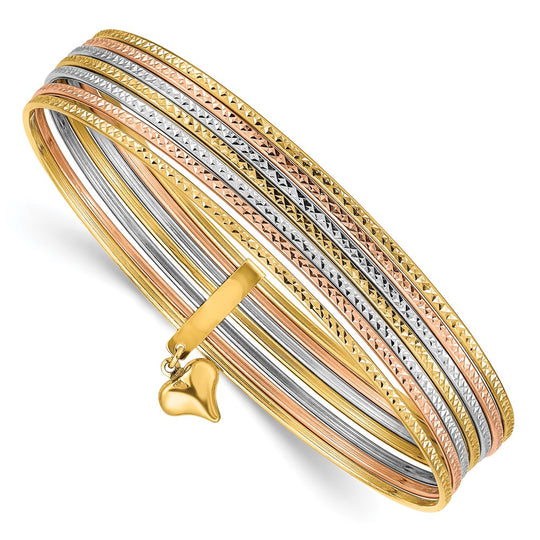 Set de 7 Pulseras Bangle Texturizadas Tri-color de 14k con Corazón Colgante Sobresaliente