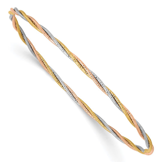 Brazalete Slip-on Tri-color en Oro de 14k con Corte Diamante y Textura Torcida