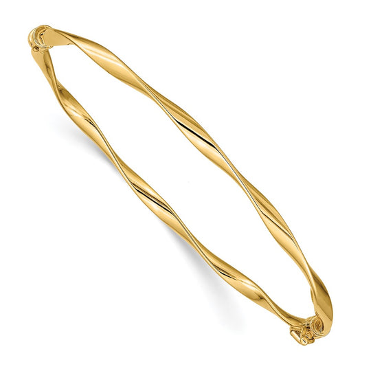 Brazalete Bangle de Oro Amarillo de 14K con Textura Torcida y Bisagra