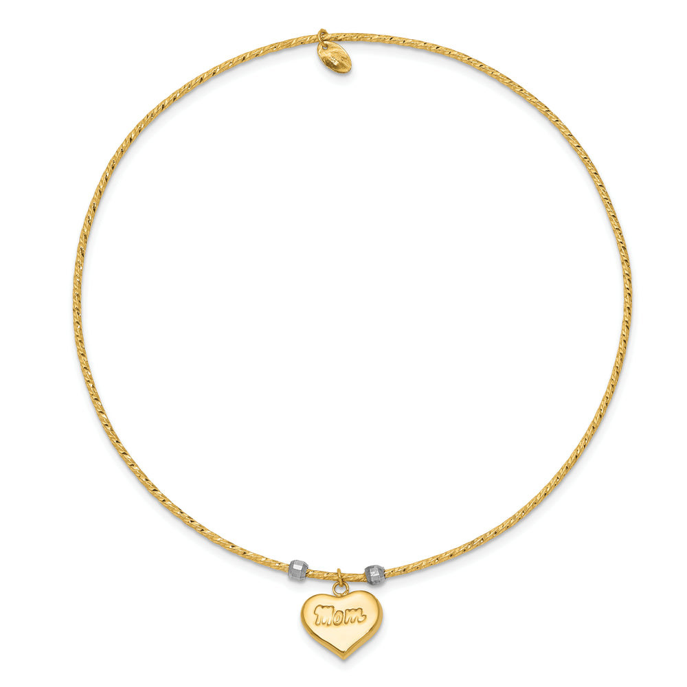 Pulsera Bangle de Dos Tonos con Corte Diamante en Forma de Corazón con "Mom" en Oro de 14k