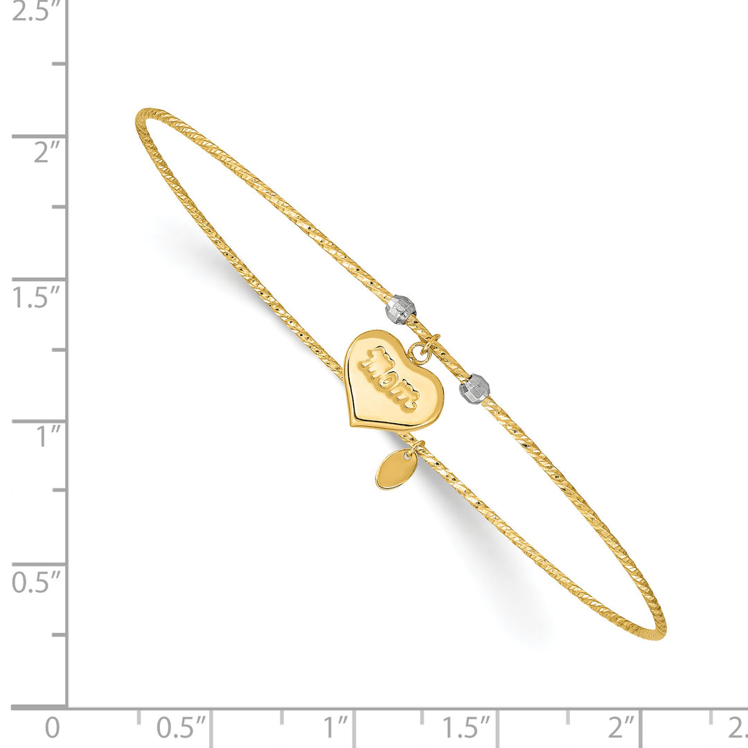 Pulsera Bangle de Dos Tonos con Corte Diamante en Forma de Corazón con "Mom" en Oro de 14k