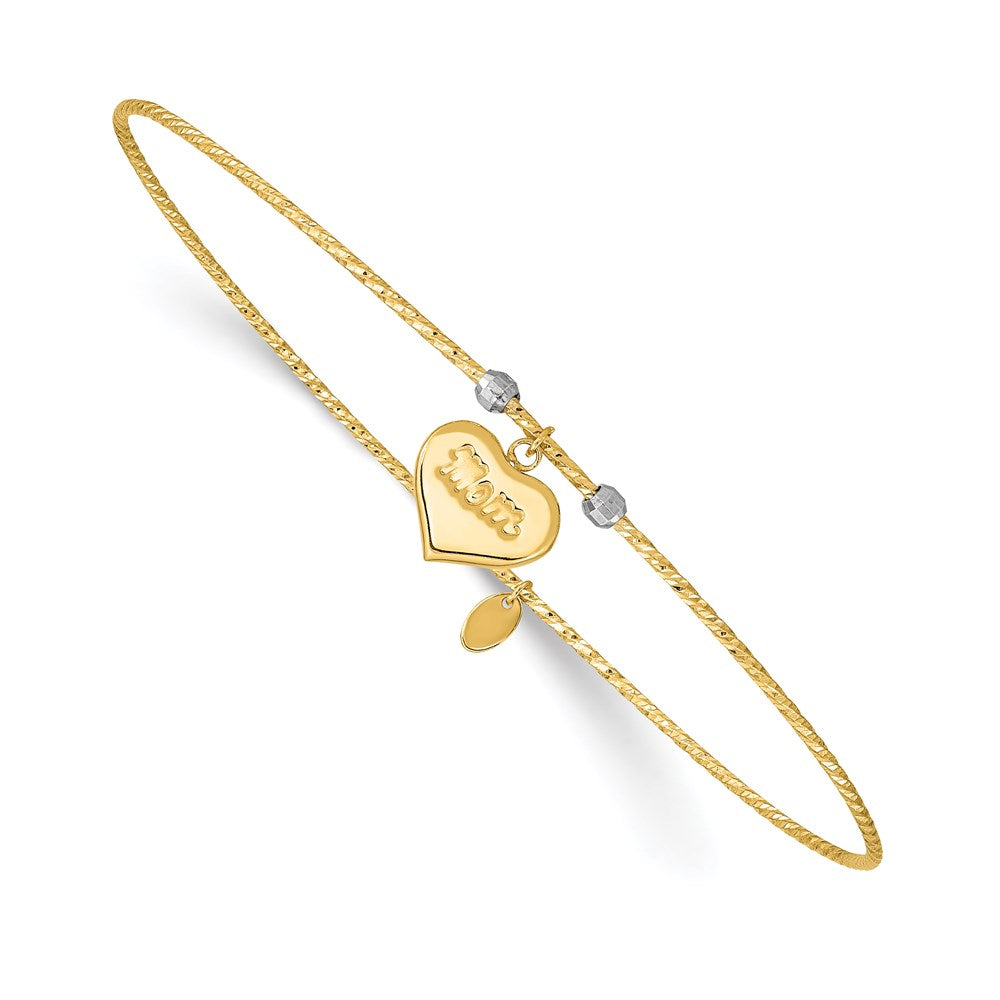 Pulsera Bangle de Dos Tonos con Corte Diamante en Forma de Corazón con "Mom" en Oro de 14k