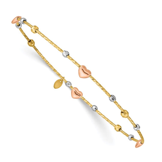 Brazalete sin Cordones con Forma de Corazón con Talla Diamante en Oro Tricolor de 14k