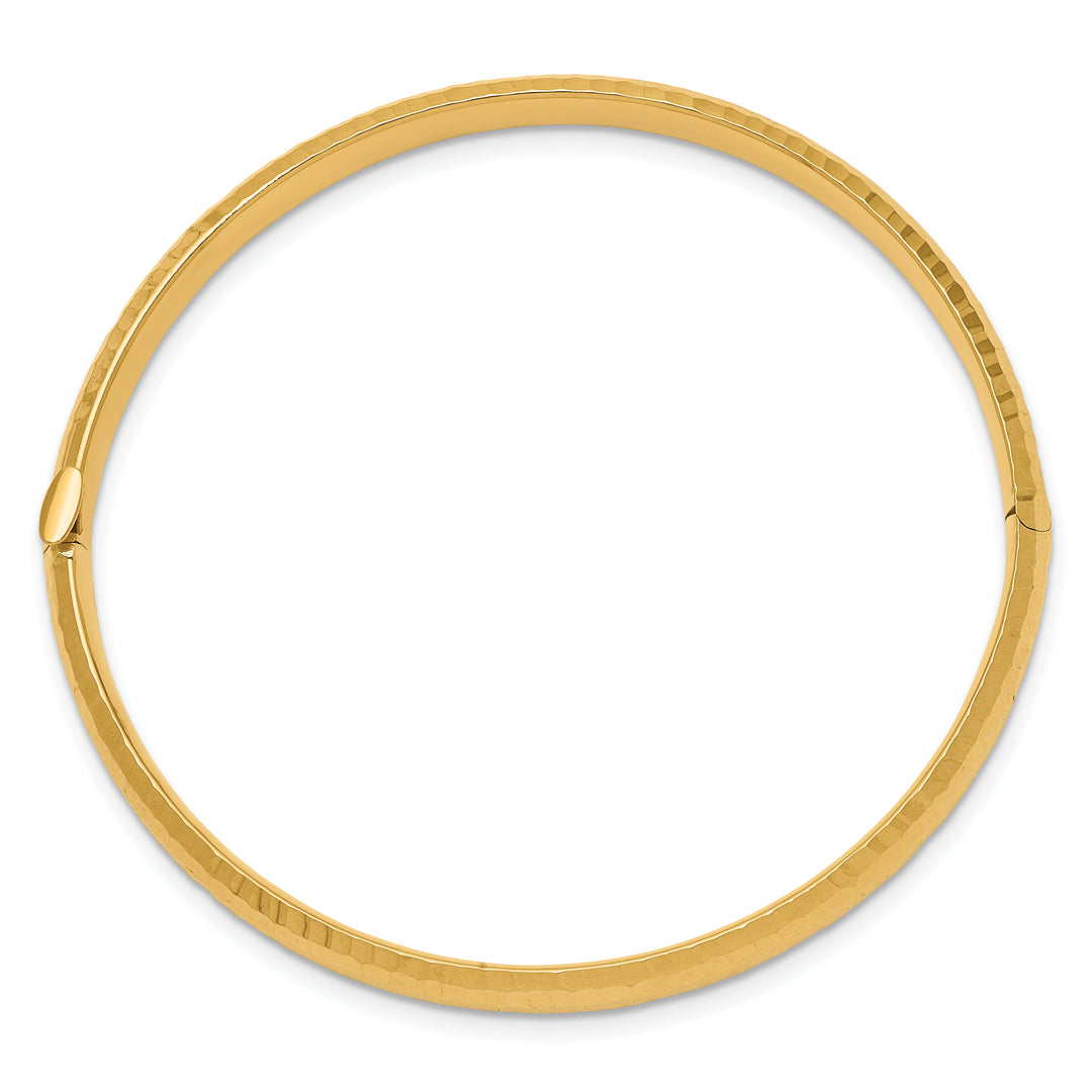 Brazalete Bangle 14K Oro Amarillo Infantil con Acabado Martillado y Bisagra