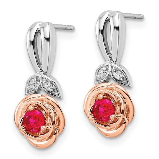 Pendientes de Oro de 14k en Dos Tonos con Rubíes y Diamantes en Forma de Flor