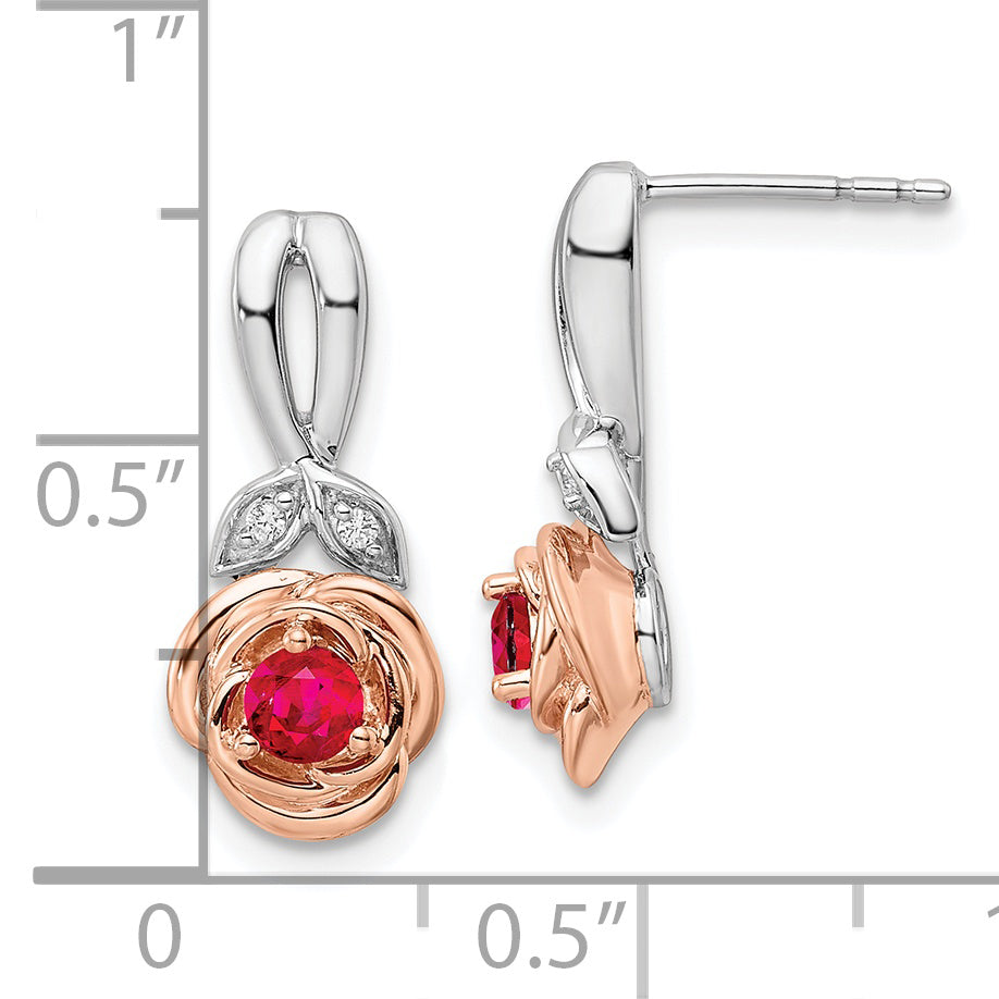 Pendientes de Oro de 14k en Dos Tonos con Rubíes y Diamantes en Forma de Flor