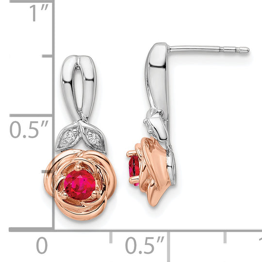 Pendientes de Oro de 14k en Dos Tonos con Rubíes y Diamantes en Forma de Flor