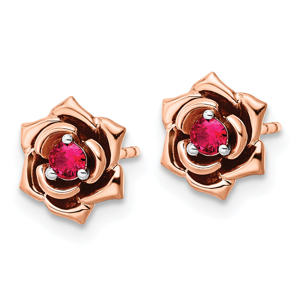 Pendientes de Botón en Oro Bicolor Blanco y Rosa con Rubí en Forma de Flor de 14k