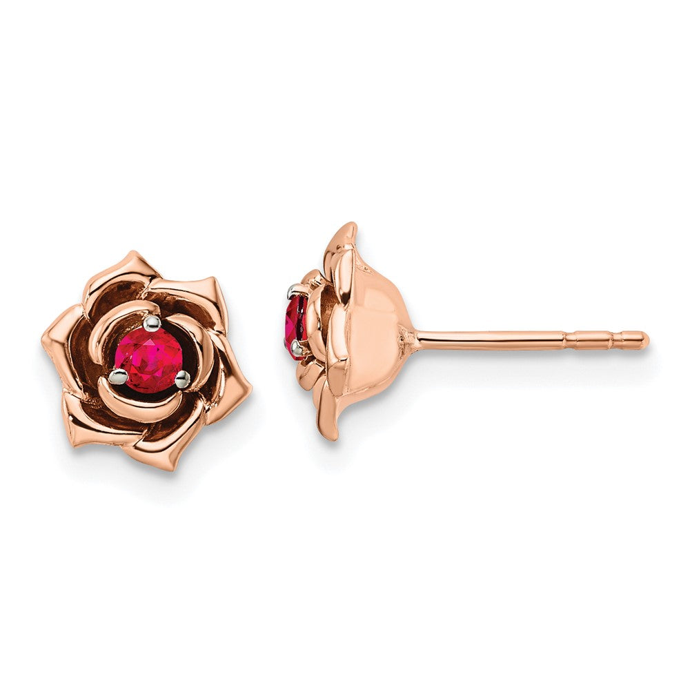 Pendientes de Botón en Oro Bicolor Blanco y Rosa con Rubí en Forma de Flor de 14k