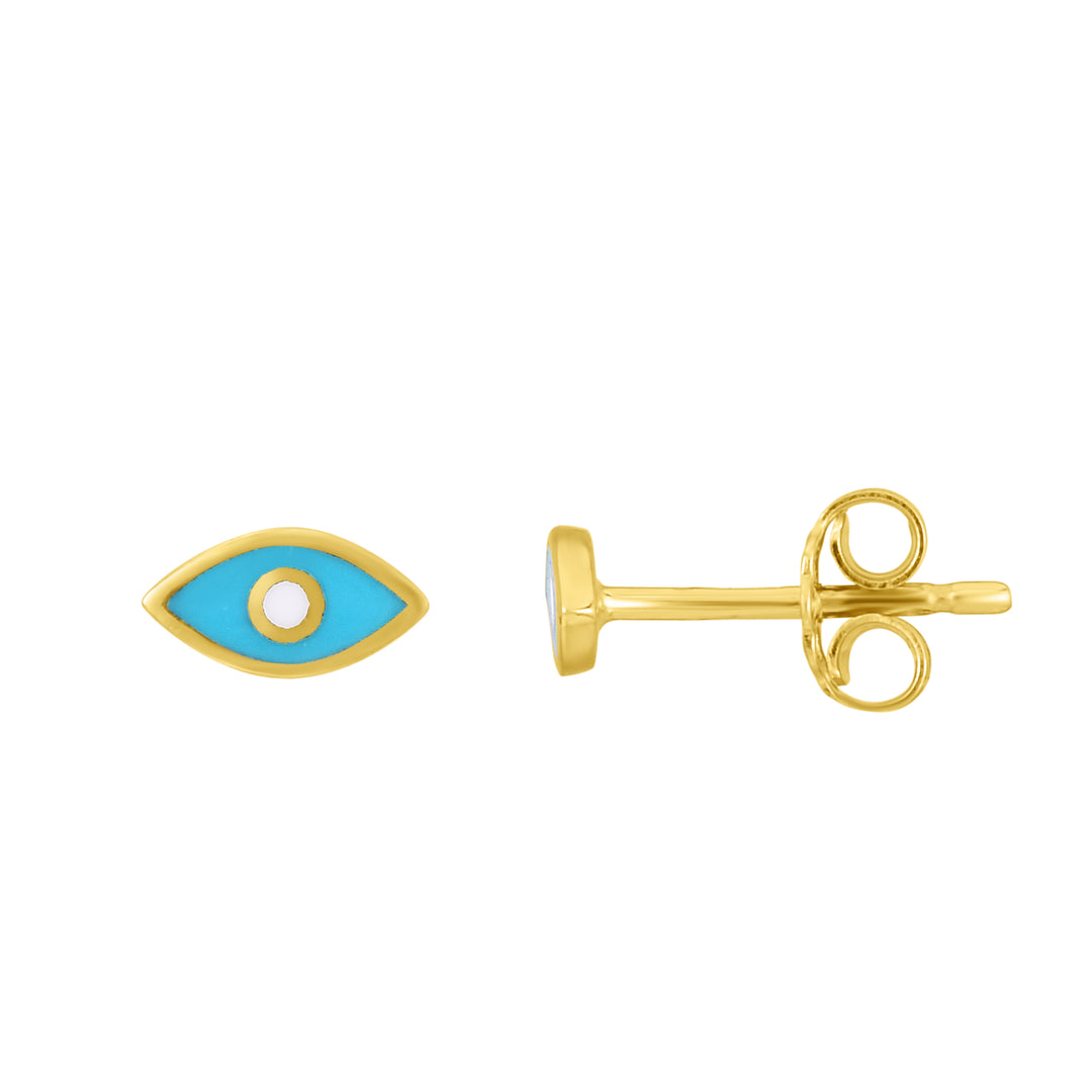 Aretes de Oro con Esmalte Azul y Mal de Ojo en Oro de 14K