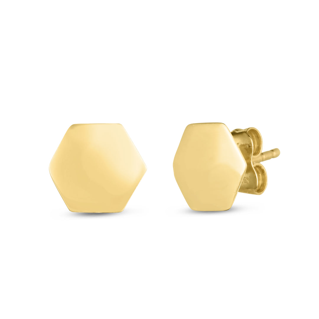 Pendientes hexagonales pulidos de oro amarillo de 14 quilates, con poste y soporte. Parte trasera de tuerca.