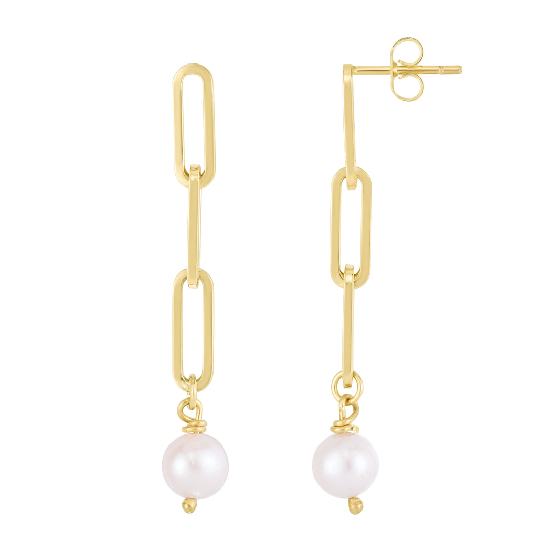 Aretes con Eslabones de Clip y Perlas en Oro Amarillo de 14K