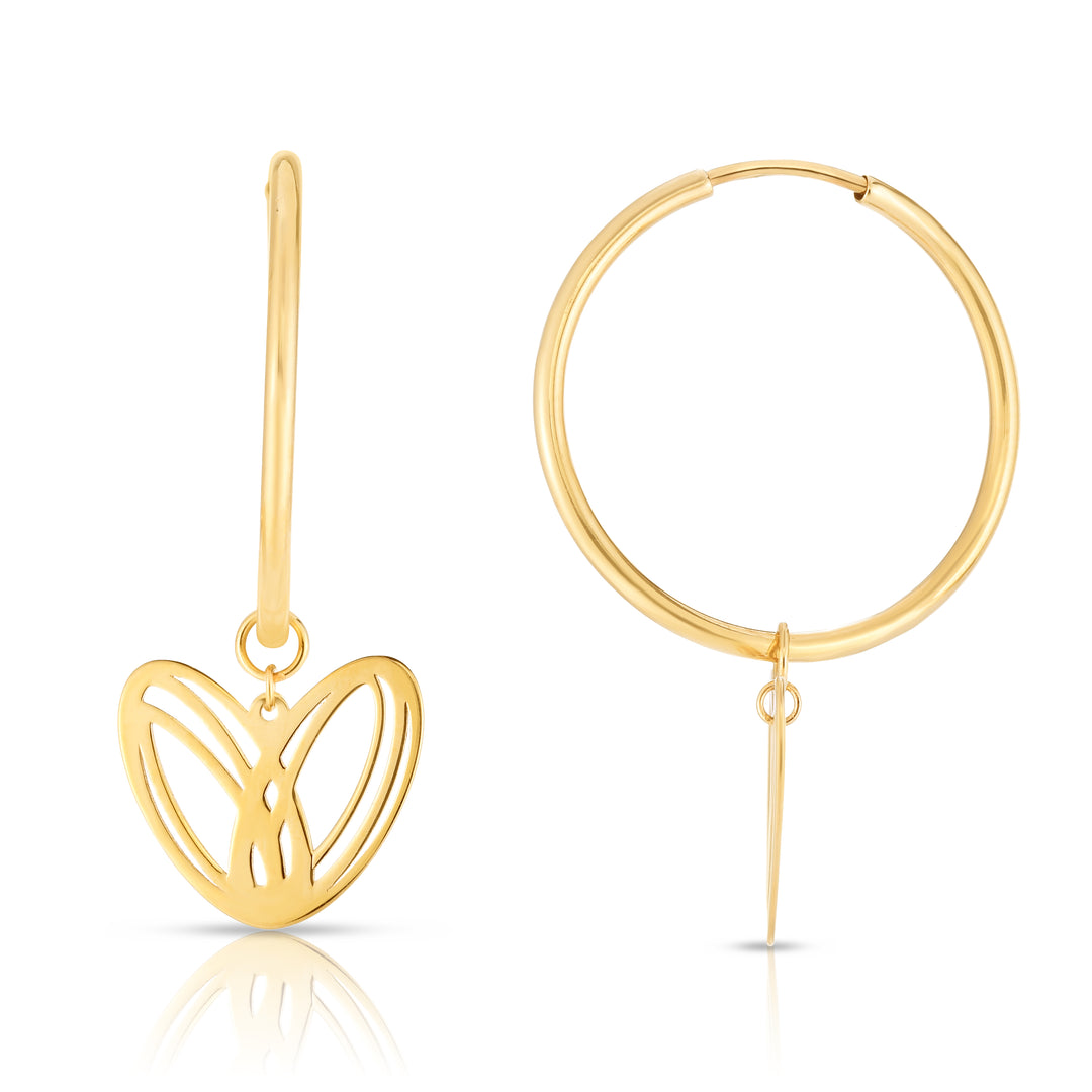 Aretes Tipo Argolla con Forma de Coraz√≥n en Oro de 14k