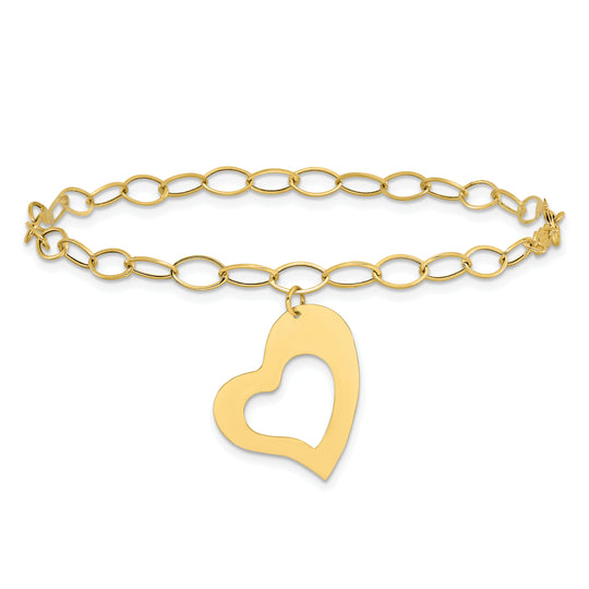 Pulsera de corazón y Eslabones Ovalados Abiertos en Oro Amarillo de 14k