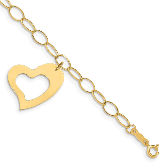 Pulsera de corazón y Eslabones Ovalados Abiertos en Oro Amarillo de 14k