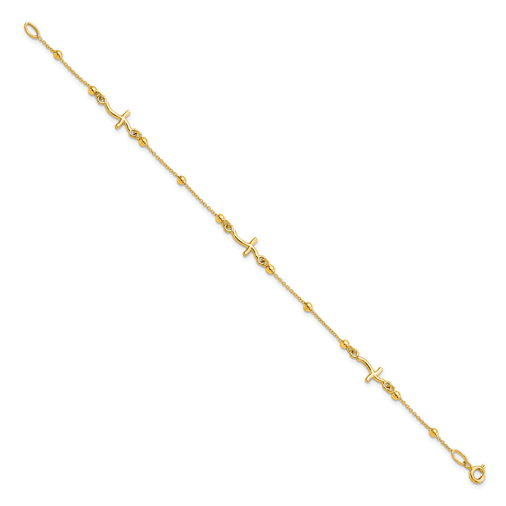 Pulsera de Oro Amarillo Pulido de 14K con Cruz y Perlas