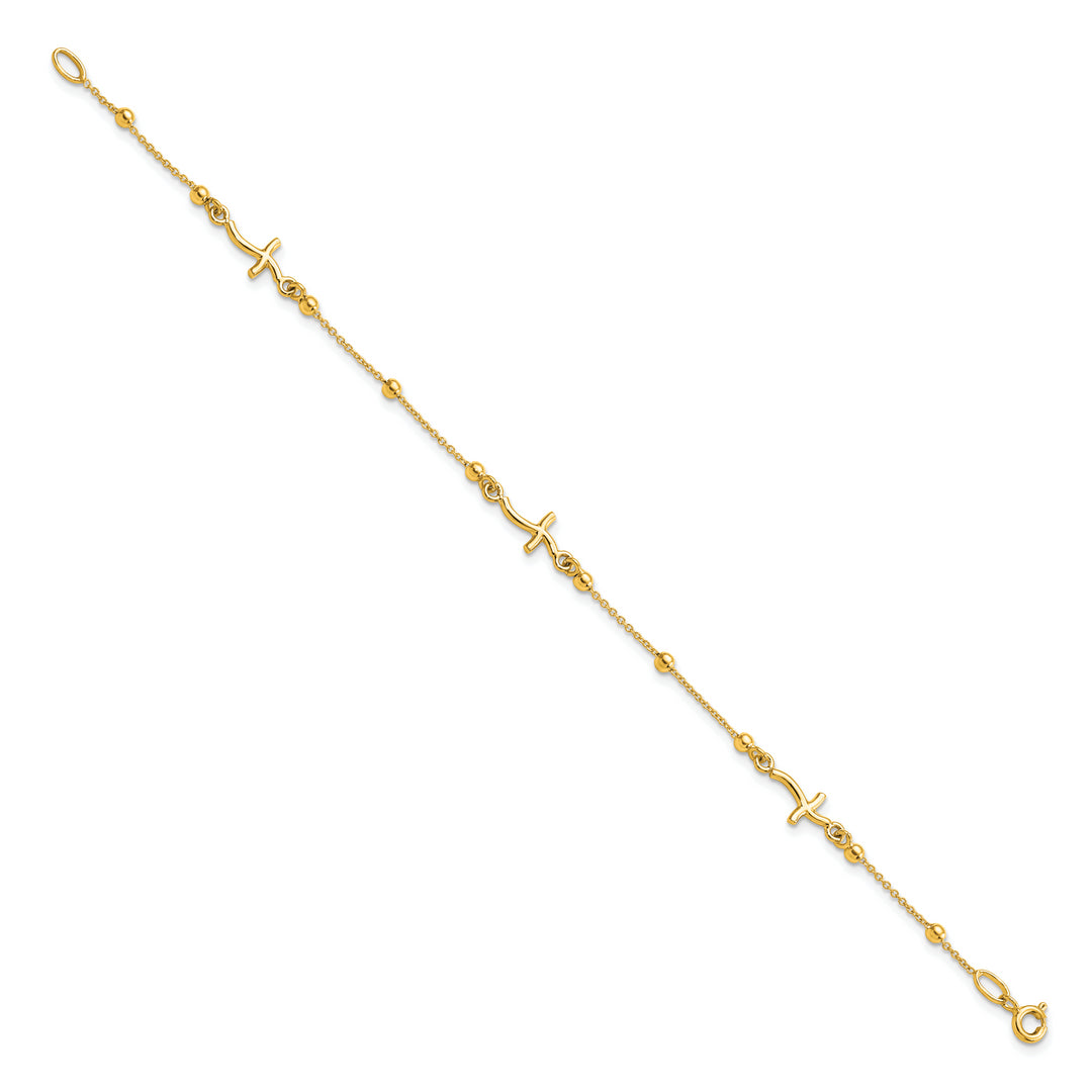 Pulsera de Oro Amarillo Pulido de 14K con Cruz y Perlas