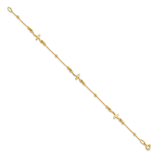 Pulsera de Oro Amarillo Pulido de 14K con Cruz y Perlas