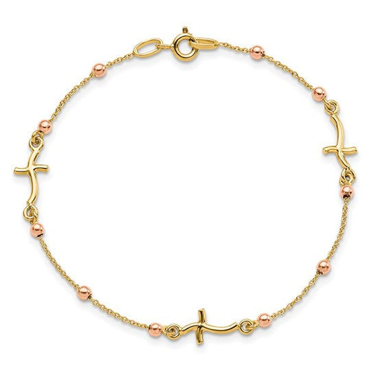 Pulsera de Oro Amarillo Pulido de 14K con Cruz y Perlas