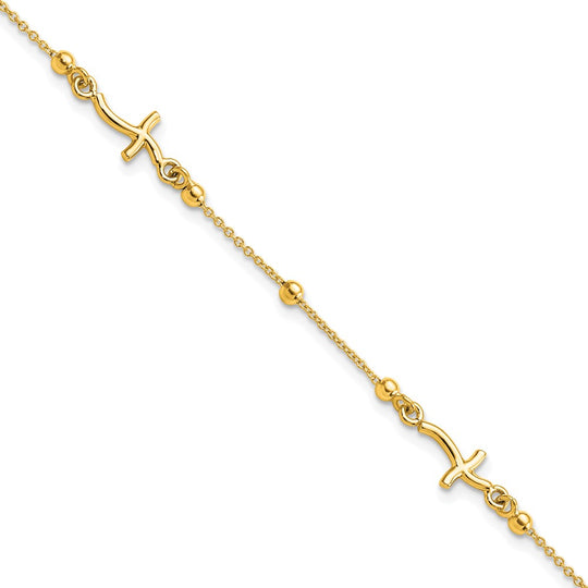 Pulsera de Oro Amarillo Pulido de 14K con Cruz y Perlas