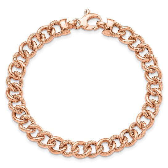 Pulsera 14K Oro Rosa Pulida y Texturizada con Enlace Fancy