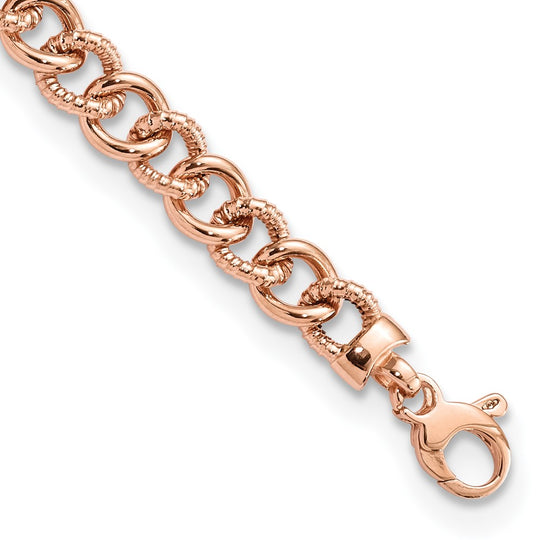 Pulsera 14K Oro Rosa Pulida y Texturizada con Enlace Fancy