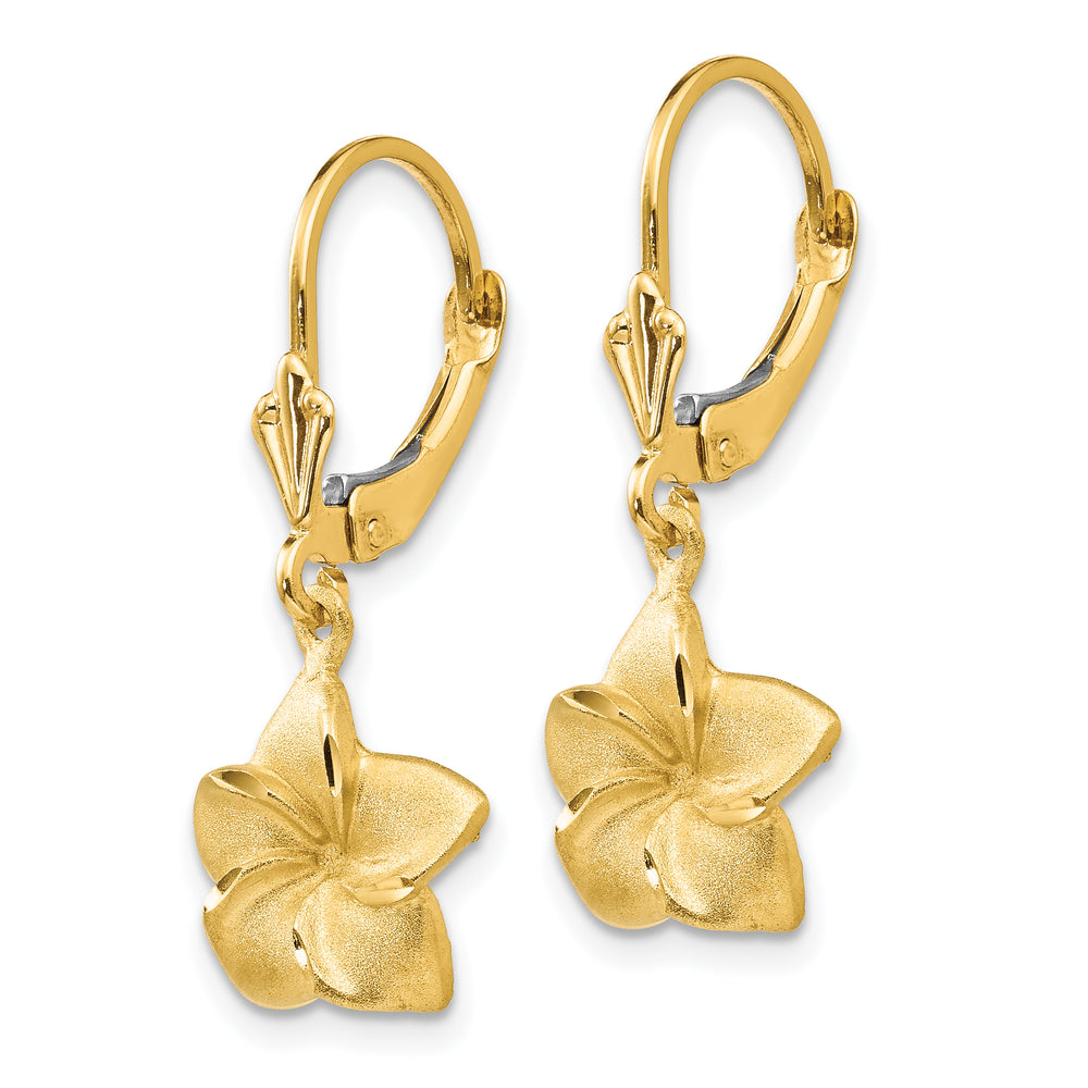 Aretes Colgantes de Plumeria Satinados y con Corte Tipo Diamante en Oro Amarillo de 14K