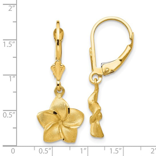 Aretes Colgantes de Plumeria Satinados y con Corte Tipo Diamante en Oro Amarillo de 14K