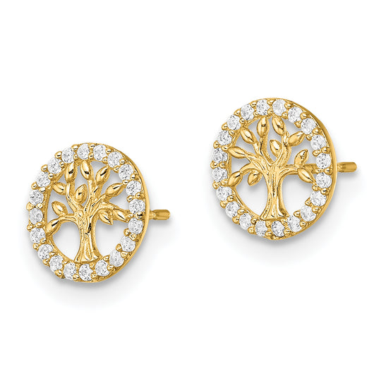 Pendientes de Poste con Árbol de la Vida de CZ Blanco Pulido de 14K Madi K