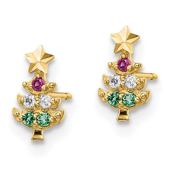 Pendientes de Árbol de Navidad Madi K con CZ Rojos y Transparentes y Vidrio Verde en Oro de 14k