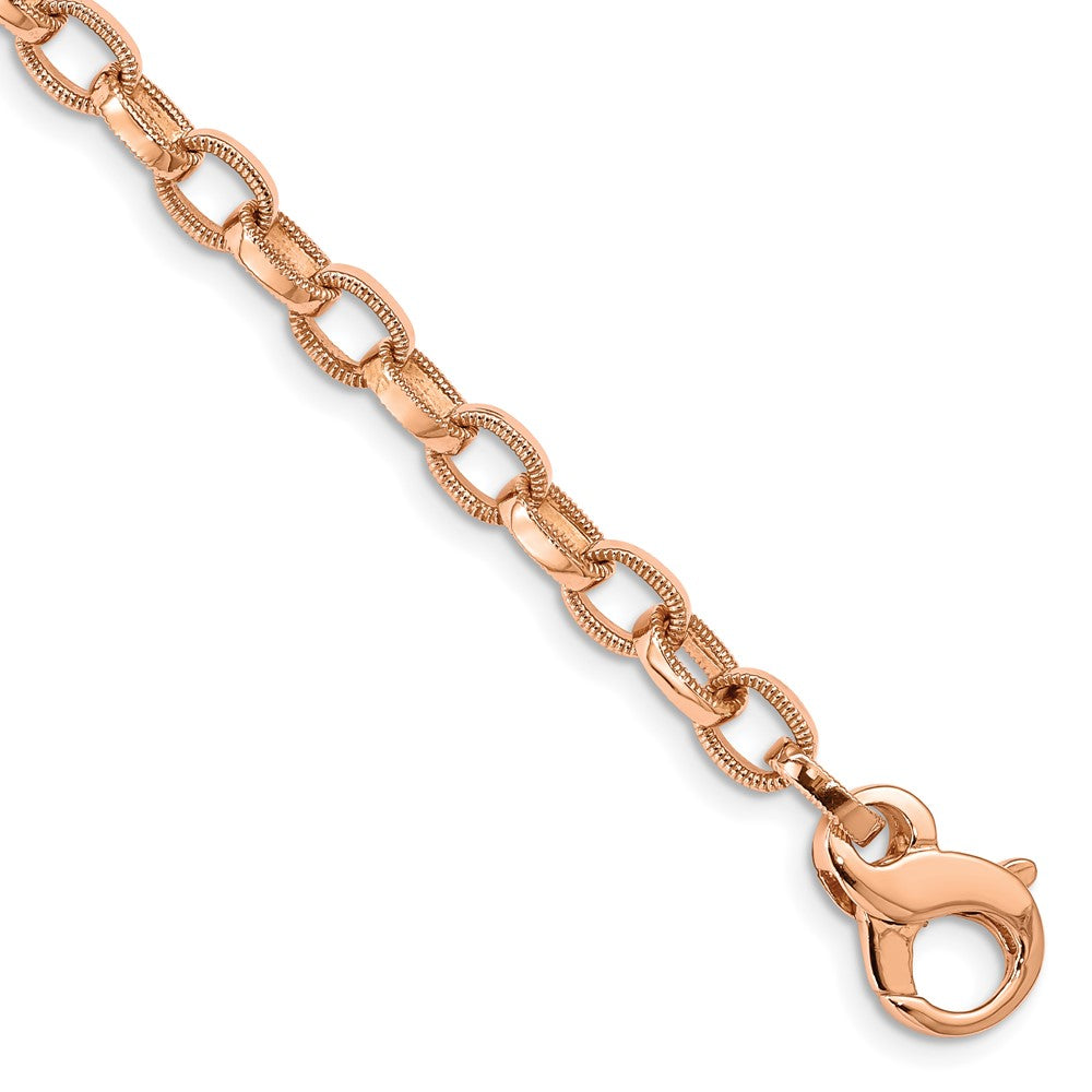 Brazalete de 14k Oro Rosa de 8.5 pulgadas y 5 mm con Borde Estriado Pulido a Mano y Cierre Langosta Elegante