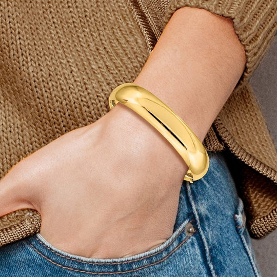 Brazalete Bangle Oversize 14K Oro Amarillo de 9/16, Pulido de Alta Calidad con Bisagra