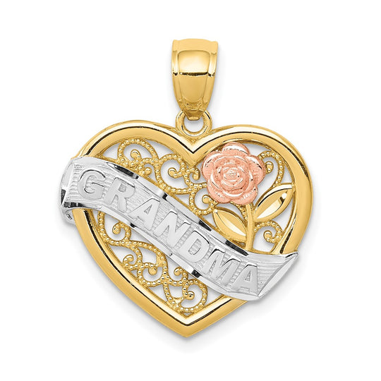 Colgante de Corazón GRANDMA de Oro Bicolor de 14k con Rodio Blanco