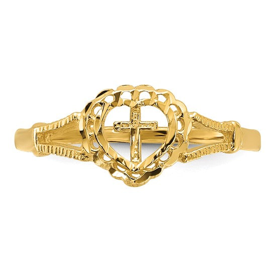 Anillo Infantil con Corazón y Cruz en Oro Amarillo Cortado a Diamante de 14k