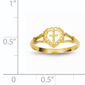 Anillo Infantil con Corazón y Cruz en Oro Amarillo Cortado a Diamante de 14k