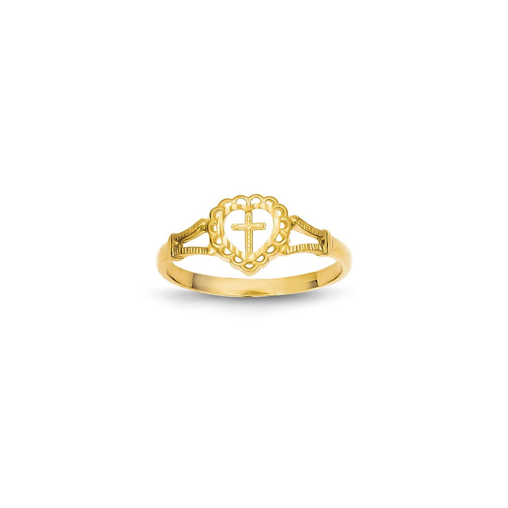 Anillo Infantil con Corazón y Cruz en Oro Amarillo Cortado a Diamante de 14k