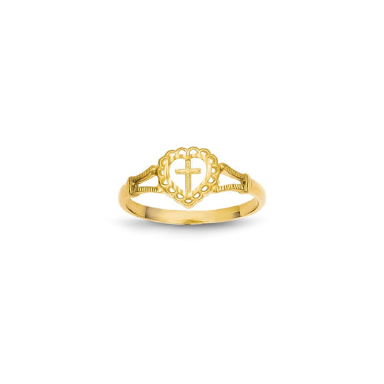 Anillo Infantil con Corazón y Cruz en Oro Amarillo Cortado a Diamante de 14k