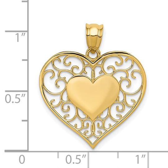 Colgante Corazón Filigrana Pulido 14K Oro Amarillo