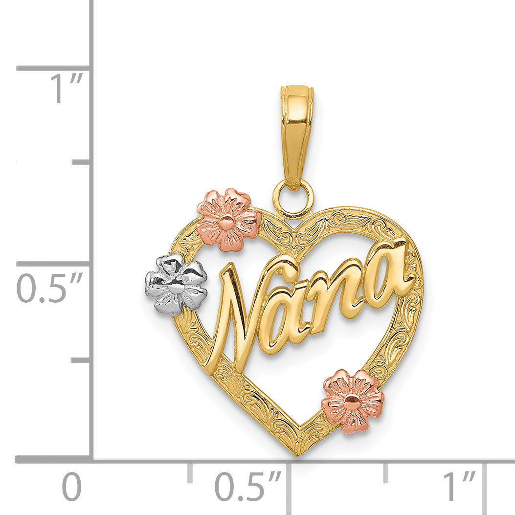 Colgante de Corazón con Flores "NANA" en Oro de 14K Tri-color