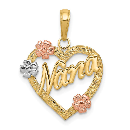 Colgante de Corazón con Flores "NANA" en Oro de 14K Tri-color