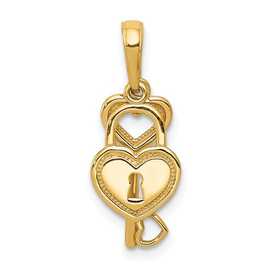 Colgante de Llave y Candado en Forma de Corazón Móvil de Oro Amarillo Pulido de 14K