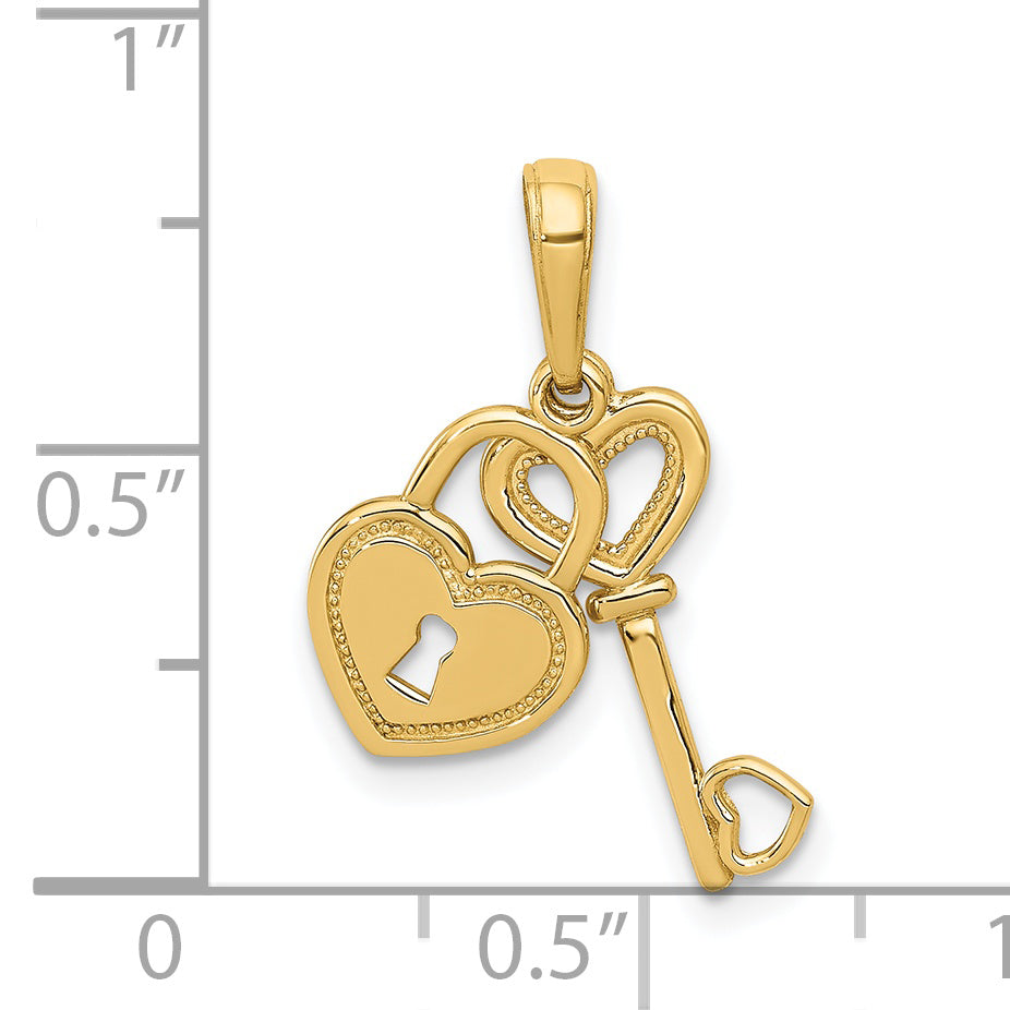 Colgante de Llave y Candado en Forma de Corazón Móvil de Oro Amarillo Pulido de 14K