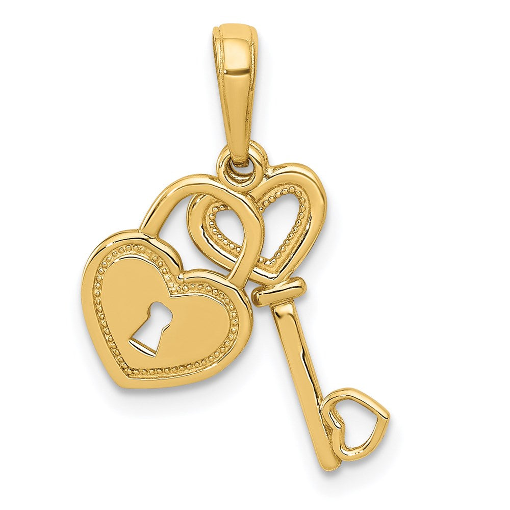 Colgante de Llave y Candado en Forma de Corazón Móvil de Oro Amarillo Pulido de 14K