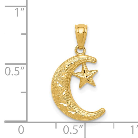 Colgante de Luna y Estrellas Pulido y Texturizado en Oro de 14k