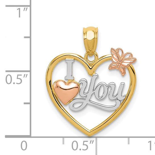 Colgante de Corazón con Mariposa "I LOVE YOU" de 14K Bicolor con Rodio Blanco