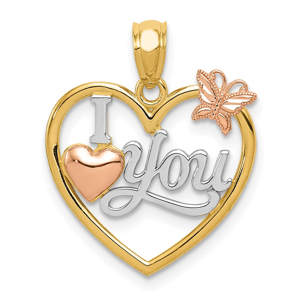 Colgante de Corazón con Mariposa "I LOVE YOU" de 14K Bicolor con Rodio Blanco