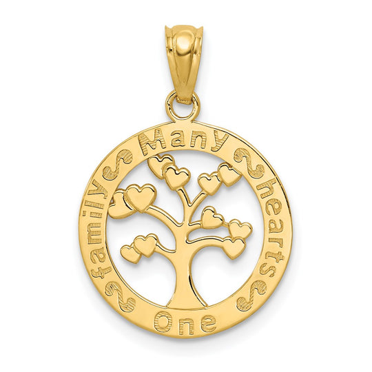 Colgante de Árbol "UNA FAMILIA MUCHOS CORAZONES" en Oro Pulido de 14K