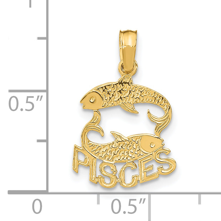 Dije del Zodiaco Piscis en Oro Amarillo de 14k con Acabado Pulido y Texturizado