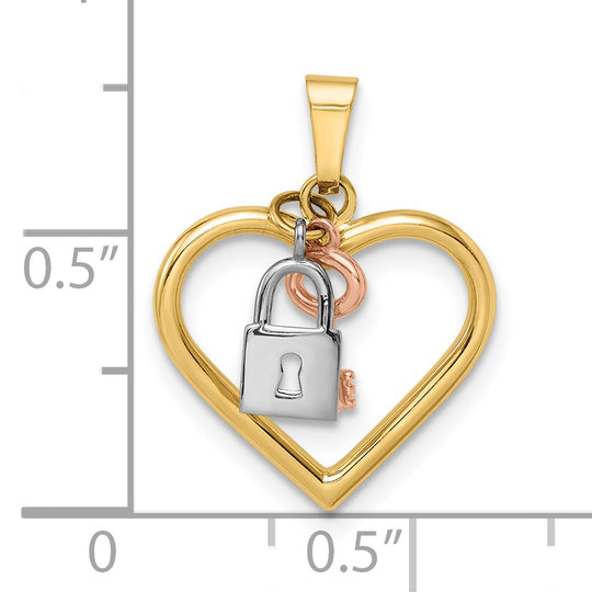 Colgante de Corazón, Candado y Llave en Oro de 14k Tricolor